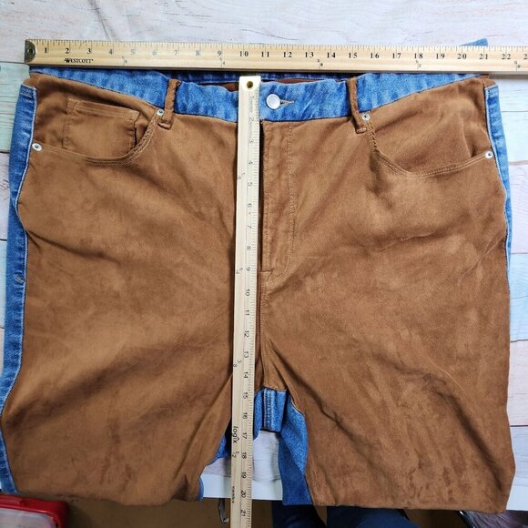 Good American Size 20 Two-Tone Denim & Brown Suede-Like Straight-Leg Jeans For W - Picture 7 of 8